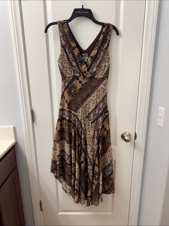 Rabbit Rabbit Rabbit Designs Dresses & Skirts - V-Neck Sleeveless Midi Dress in Brown and Cream Patchwork